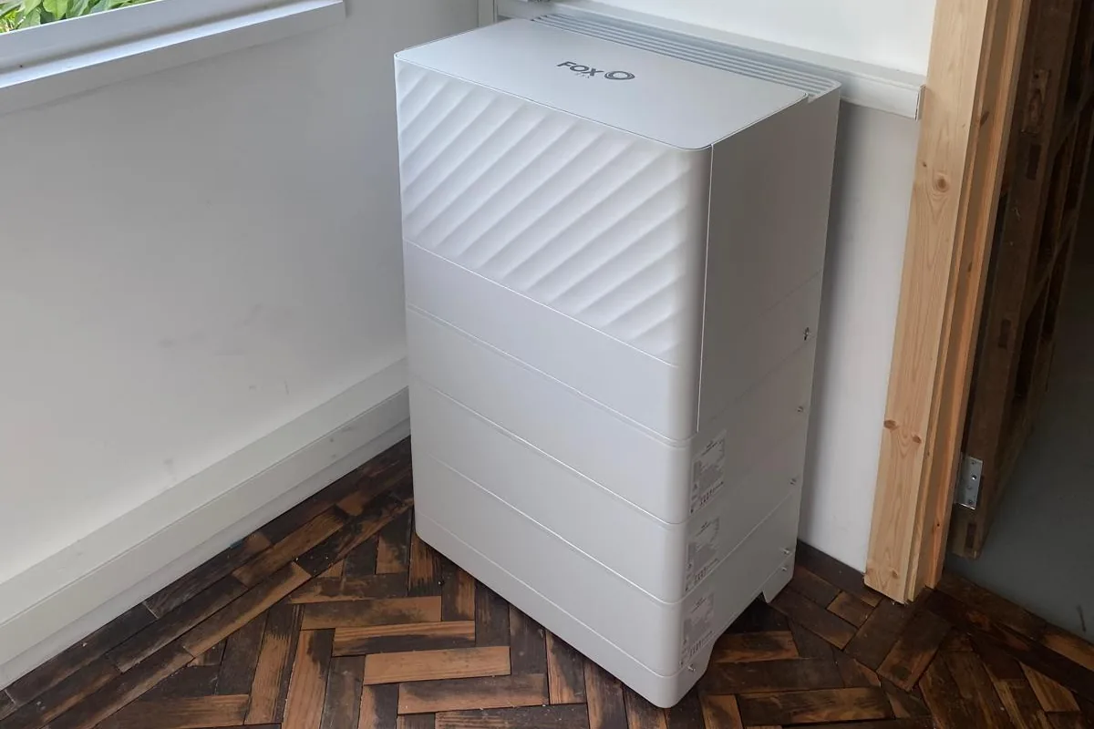 Fox ESS floor-standing stacked battery system installed in a garden room