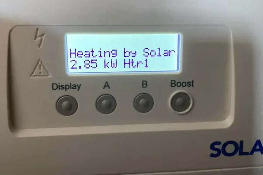 Solar iBoost+ display reading Heating by Solar 2.85 kW